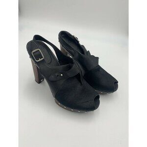 UGG Womens 9.5 Nicco Black Leather Calf Hair Slingback Platform Heels Buckle